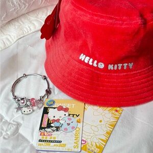 Sanrio Hello Kitty Bright Orange Brushed  Bucket Hat & Pink Charm Bracelet